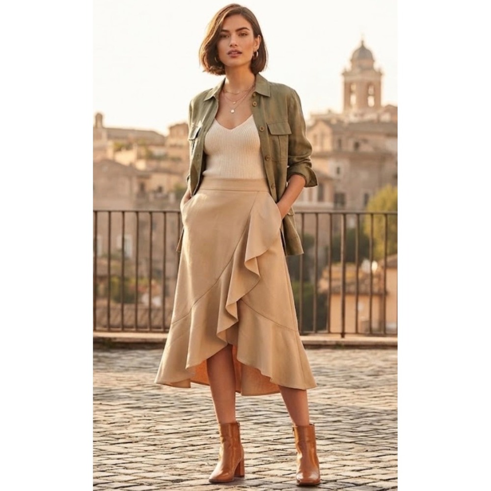 NY&C 7th Avenue Tan Beige Ruffle High Low Stretch Skirt 8 NWT